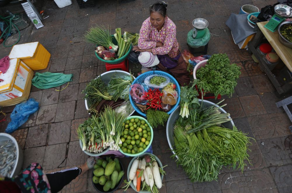 ស្រ្តីម្នាក់កំពុងអង្គុយលក់បន្លែនៅផ្សារមួយកន្លែងក្នុងរាជធានីភ្នំពេញកាលពីខែកុម្ភៈ ឆ្នាំ២០២១។ ខេមបូចា/ ព្រីង សំរាំង