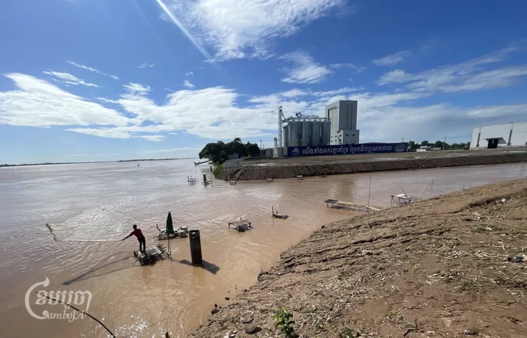 អ្នកនេសាទបង់សំណាញ់រកត្រីនៅម្ដុំចំណុចប្រសព្វរវាងទន្លេមេគង្គ និងទីតាំងការដ្ឋានព្រែកជីកហ្វូណនតេជោនៅខេត្តកណ្ដាល នាថ្ងៃទី៥ ខែកញ្ញា ឆ្នាំ២០២៤ ។ (ខេមបូចា / ព្រីង សំរាំង)