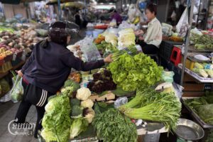 សកម្មភាពទិញលក់បន្លែនៅផ្សារមួយក្នុងរាជធានីភ្នំពេញ ថ្ងៃទី១៣ ខែឧសភា ឆ្នាំ២០២៥។ (ខេមបូចា/ ព្រីង សំរាំង)