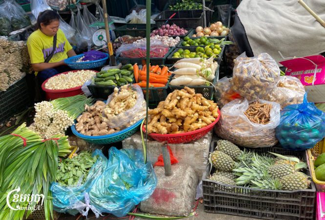 អាជីវករ​លក់​បន្លែ​នៅ​ផ្សារ​មួយ​ក្នុង​រាជធានី​ភ្នំពេញ កាល​ពី​ថ្ងៃ​ទី១៧ ខែ​មិថុនា ឆ្នាំ​២០២៥។ (ខេមបូចា/ ព្រីង សំរាំង)
